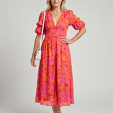 Rosalind | Puff Sleeve V-Neck Bold Floral Print Midi Dress in Multicolour
