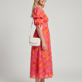 Rosalind | Puff Sleeve V-Neck Bold Floral Print Midi Dress in Multicolour