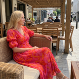 Rosalind | Puff Sleeve V-Neck Bold Floral Print Midi Dress in Multicolour